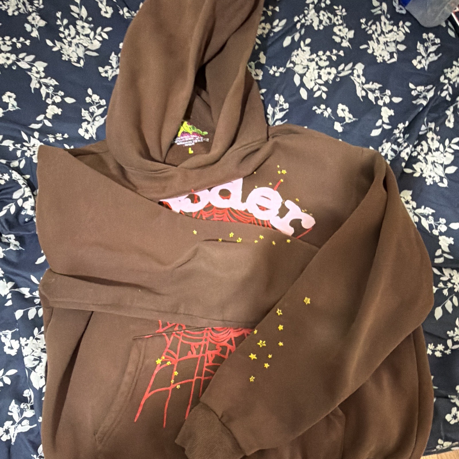 Sp5der Brown Spiderweb Graphic Print Pullover Hoodie Sweatshirt Size L
