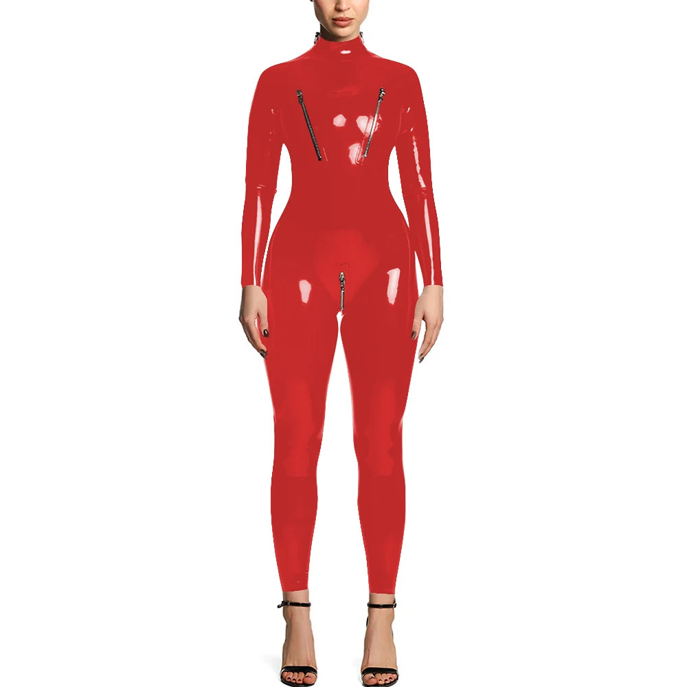 Long Sleeves PVC Leather Jumpsuits Stretch Slim Zipper Open Crotch Catsuit