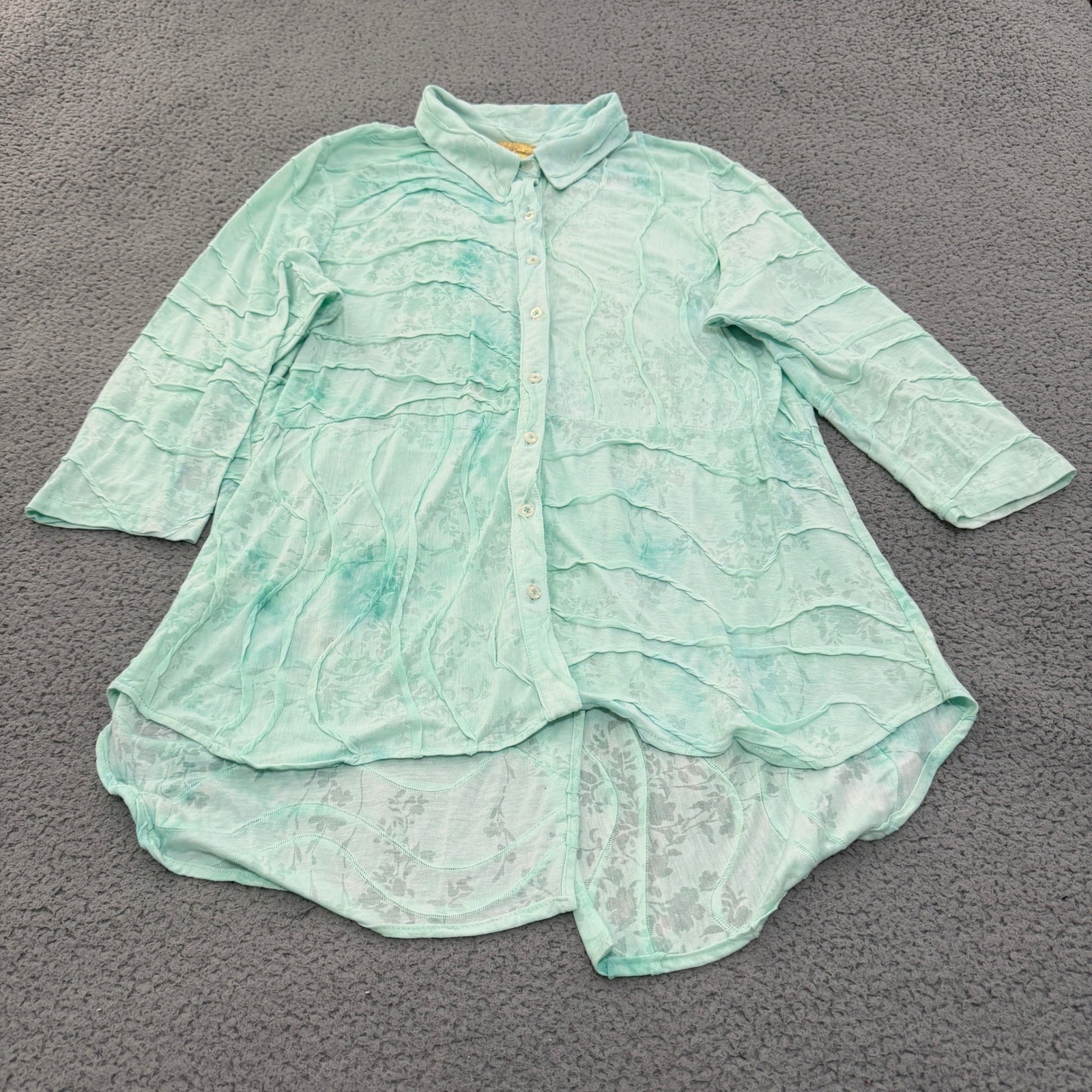 Kristin Crenshaw Blouse XL Mint Green Textured Burnout Floral High-Low Tunic