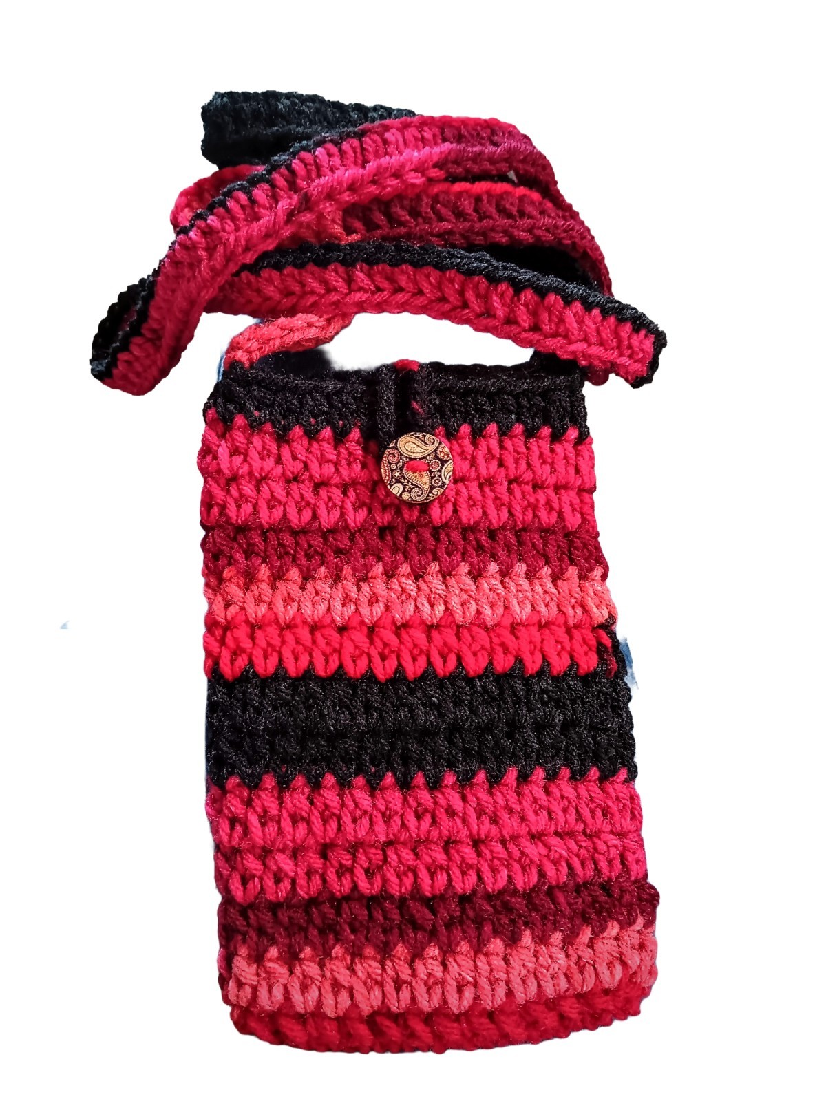 HANDMADE Red & Black Stripes Crocheted Crossbody Phone Pouch w/ Button Closure