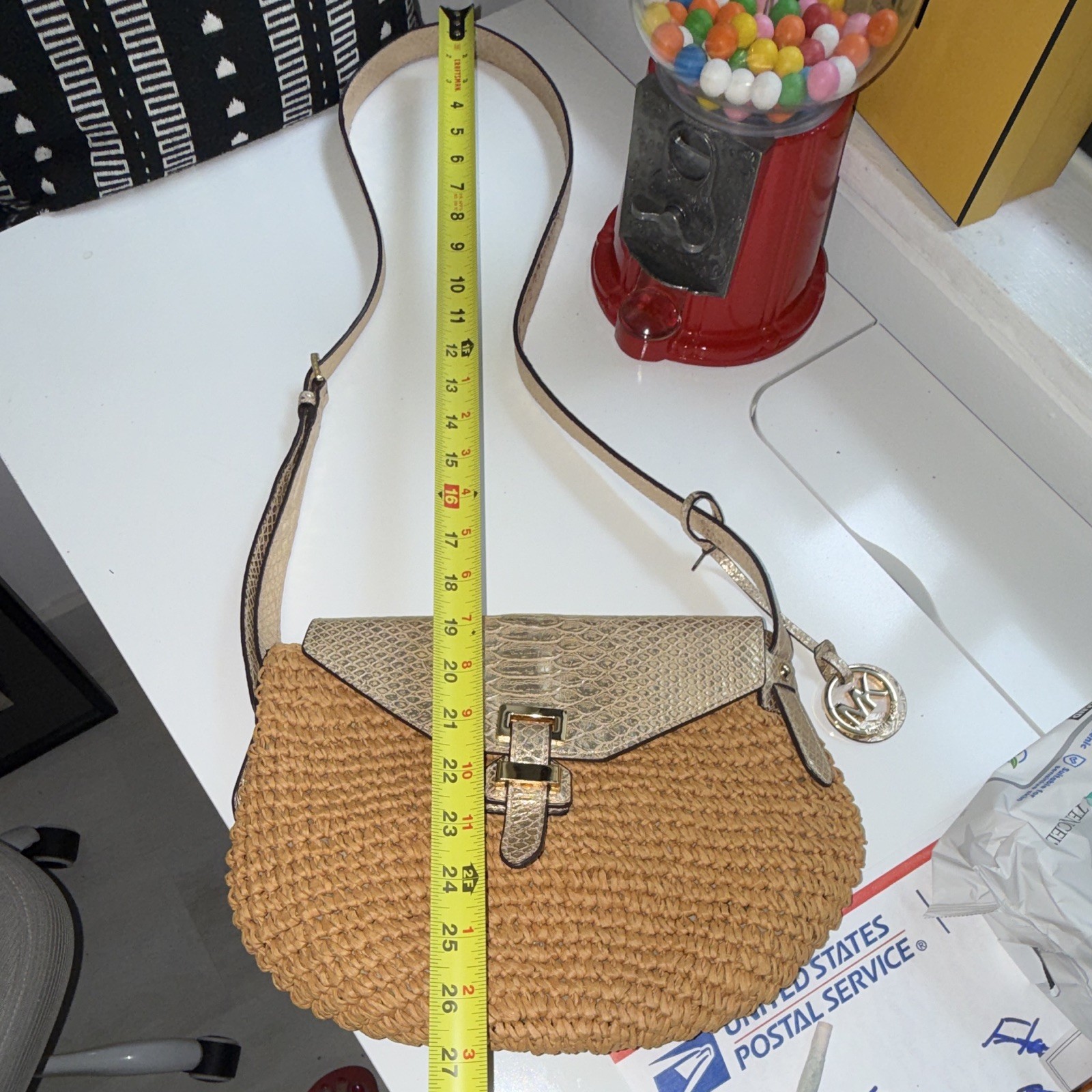 Michael Kors Straw Leather Tan Crossbody Gold Buckle MK Charm