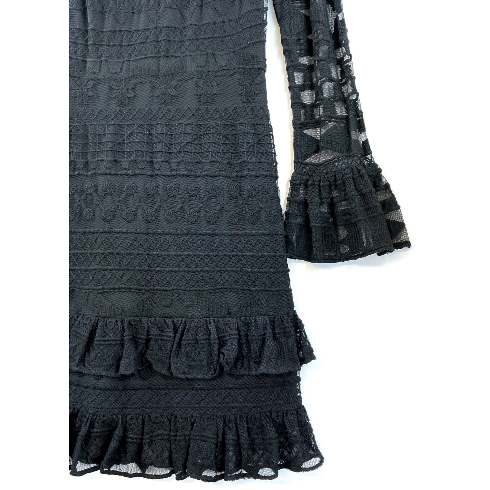 Parker Black Lace Bell Sleeve Ruffle Hem Mini Dress Sz S Whimsigoth Goth Glam