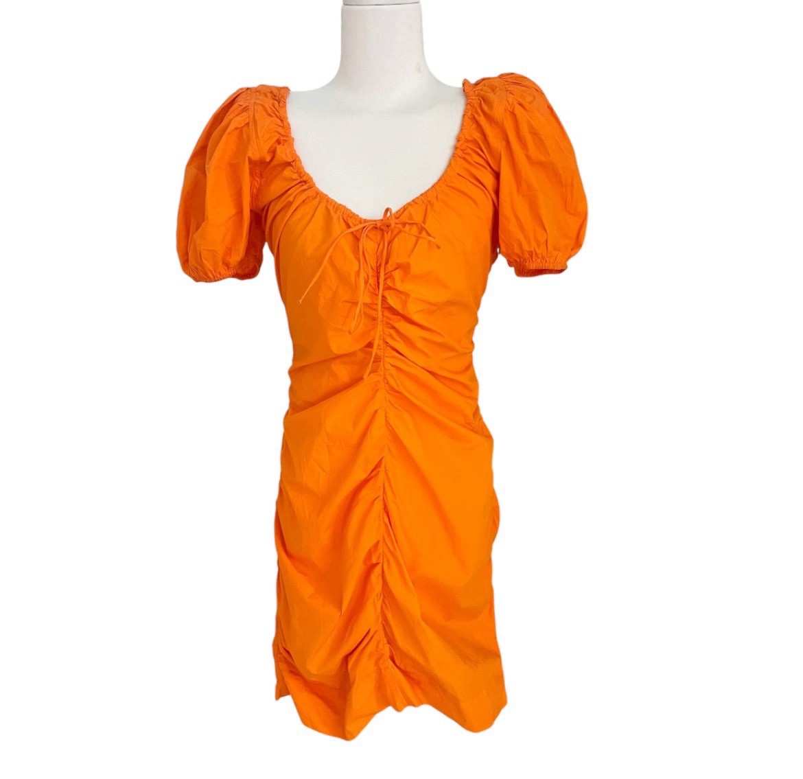 GANNI Orange Puff Sleeve Bodycon Ruched Sheath Dress EU 36 US 4 Festival Retro