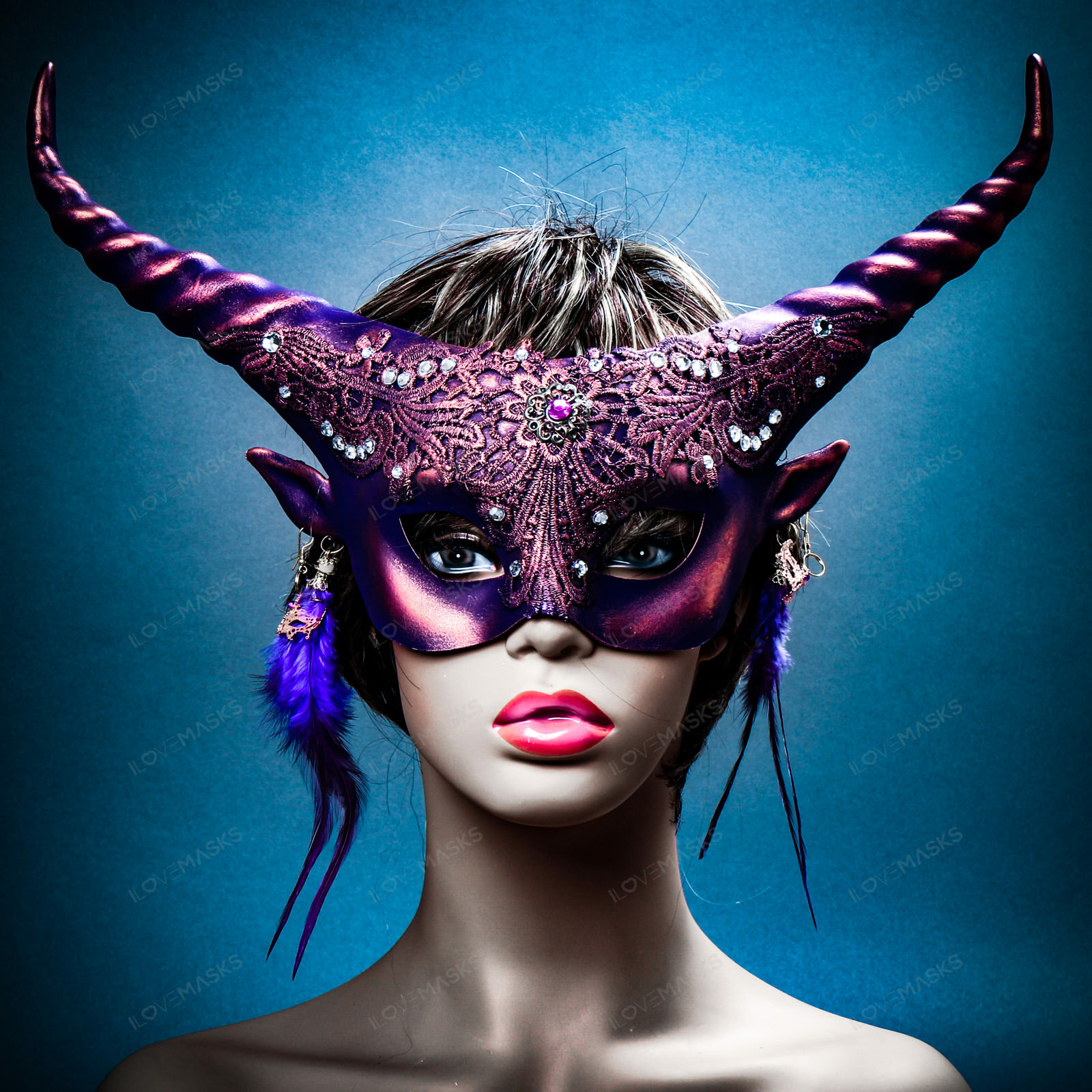 Women Fairy brocade lace Masquerade Ball Mask w/ Horns Halloween Dress up Purple