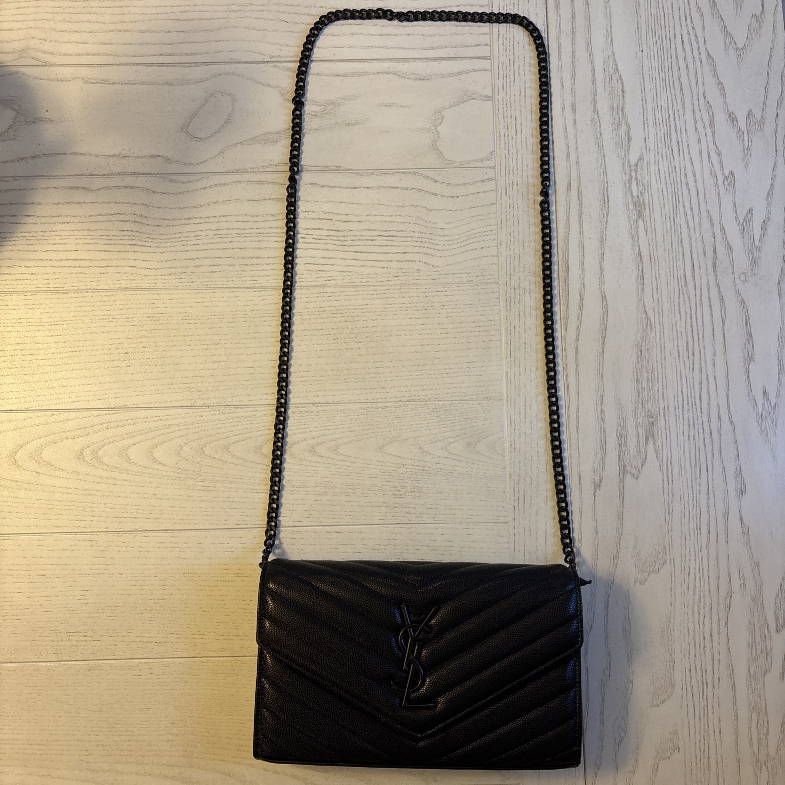 Saint Laurent YSL Black Leather Chain Wallet Crossbody