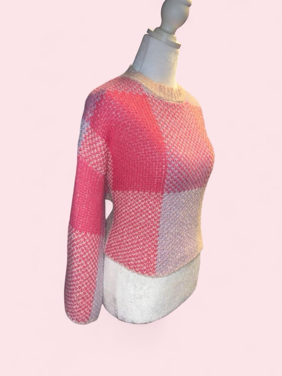 Jessica Simpson Women’s Pink Beige Purple Check Knit Crewneck Pullover XS