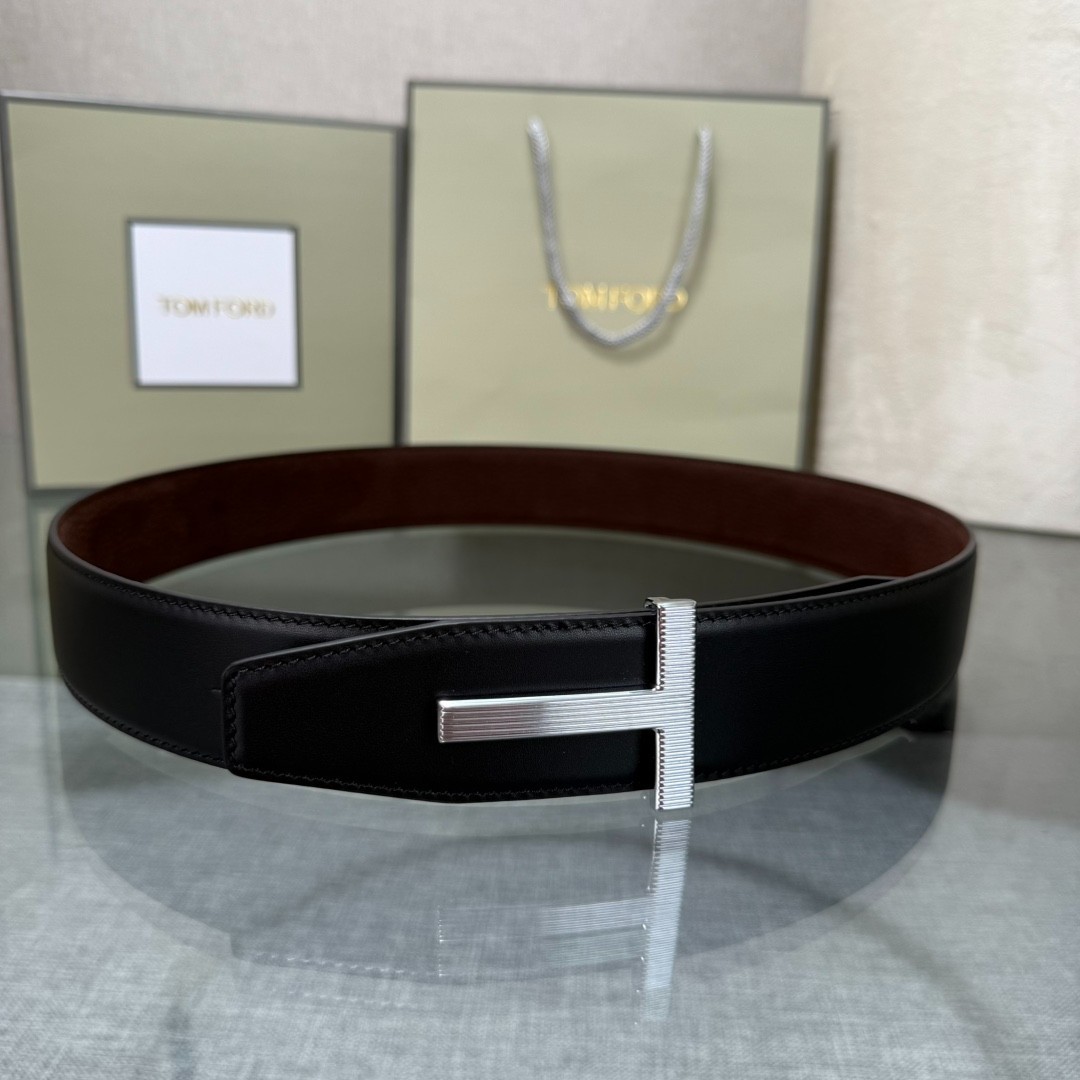 Tom Ford Men’s Reversible Calfskin Leather Black/Brown Belt T-Buckle