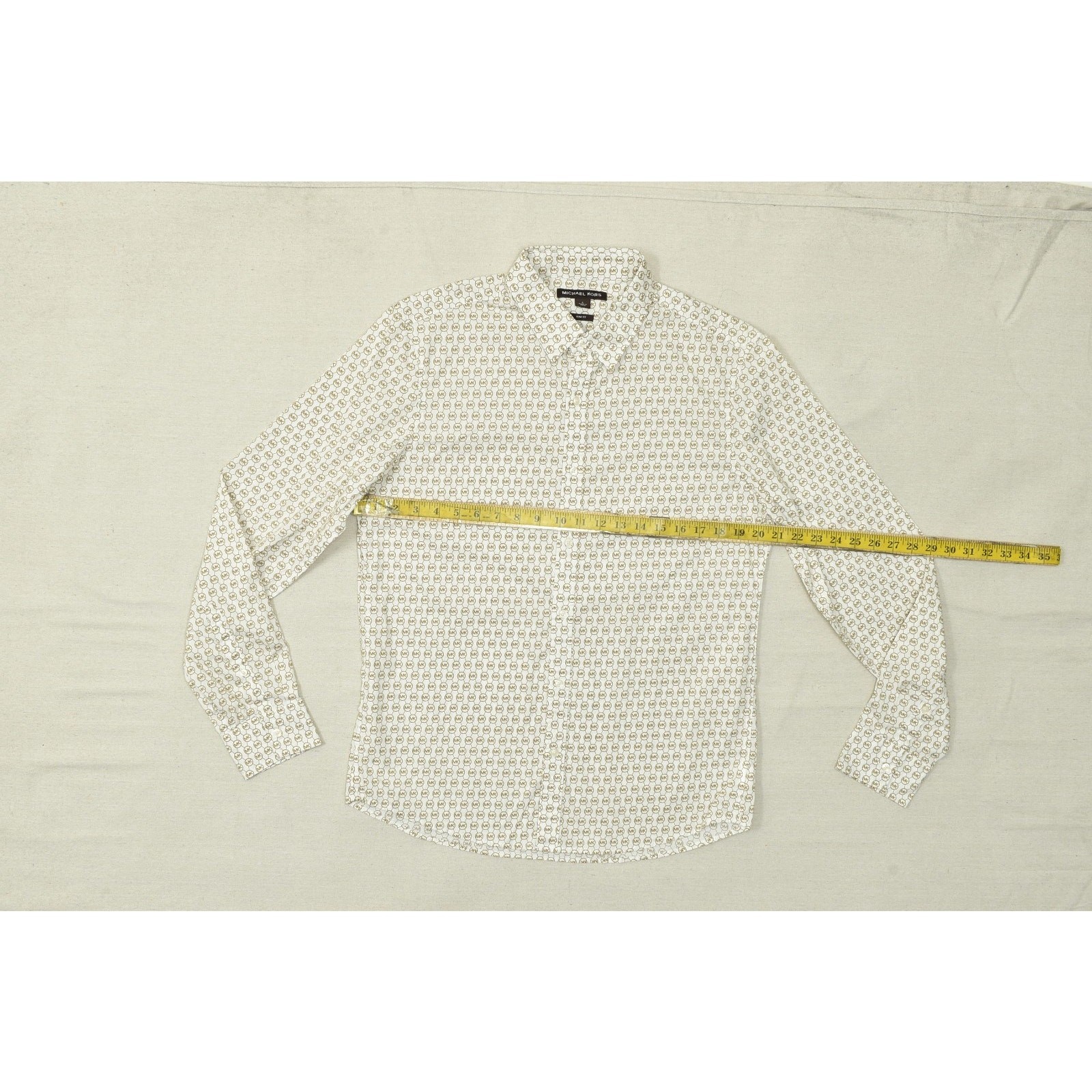 Michael Kors Mens Large Slim Fit Button Down Shirt White Brown MK Monogram Logo