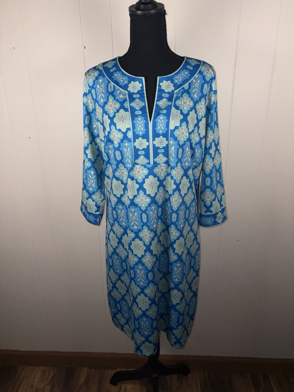 Gretchen Scott Split Neck Jersey Dress Turquoise Geometric Print Large