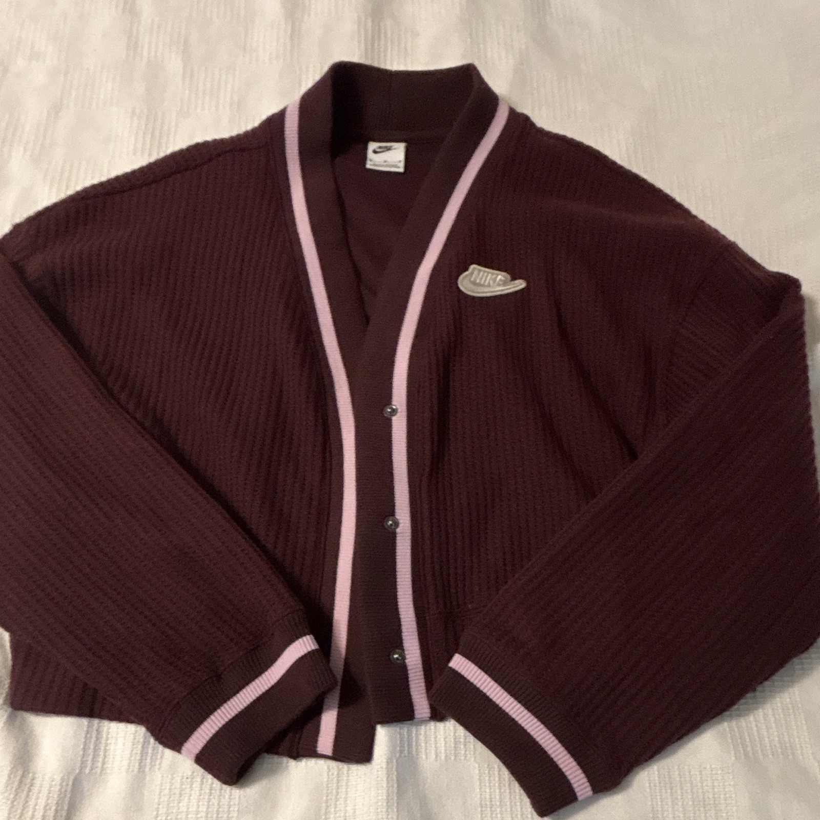Nike Men’s Brown Rib-Knit Cardigan Sweater Pink Trim V-Neck Long Sleeve M