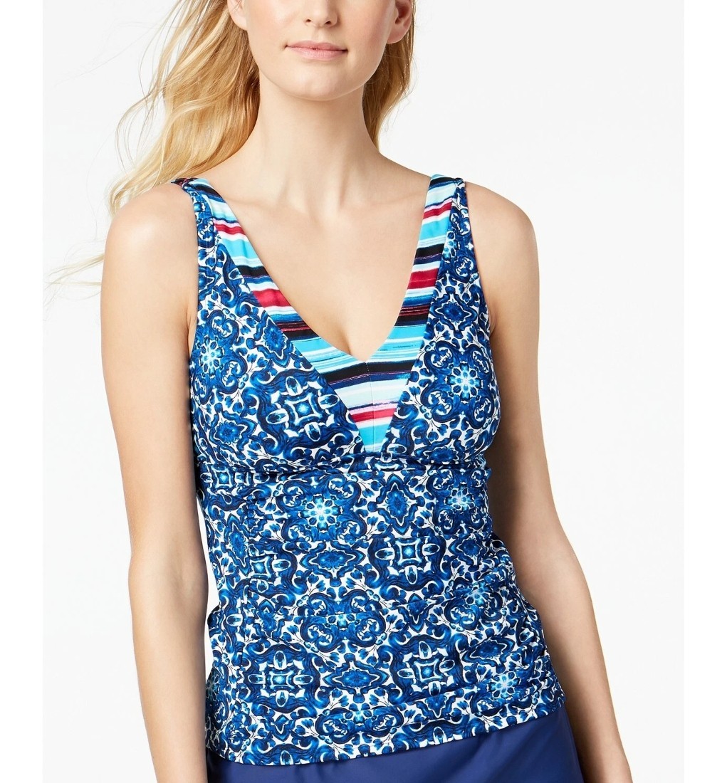 24th & Ocean Viva La Frida Banded Tankini Top Blue Striped Trim Swimsuit L NWT