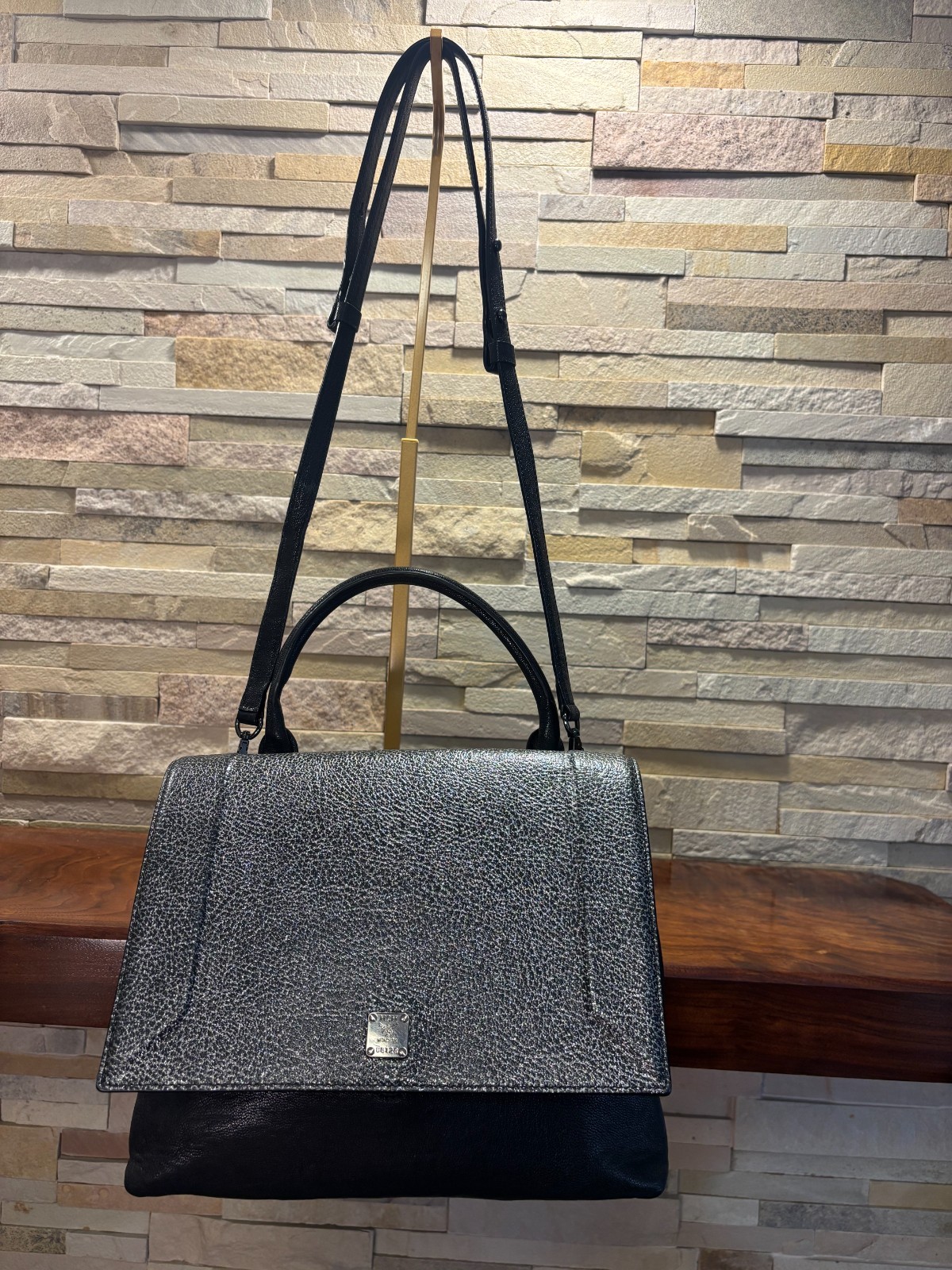 Authentic MCM Bicolor Medium Double Flap Top Handle Shoulder Bag Silver Black