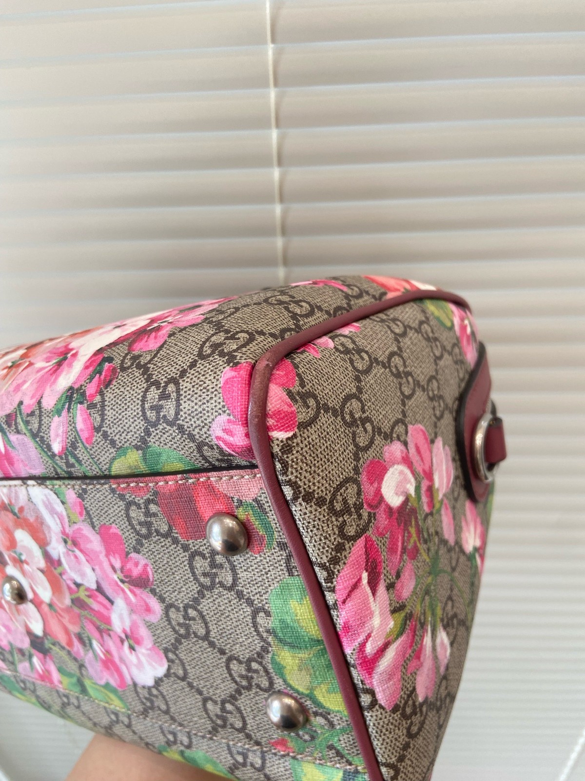 AUTH Gucci GG Blooms Supreme Canvas Pink Floral Boston Bag Crossbody Bag Silver
