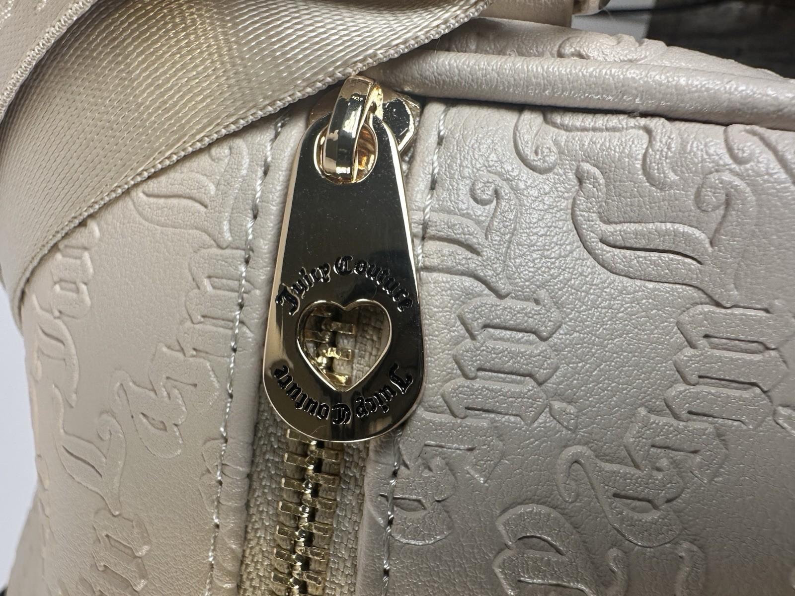 Juicy Couture Cream Embossed Monogram Duffle Bag Rhinestone J Charm NWT