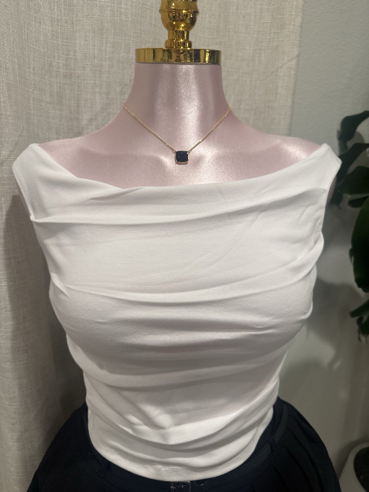 Active Basic White Ruched Sleeveless Boat Neck Stretch Knit Top Cotton S Women