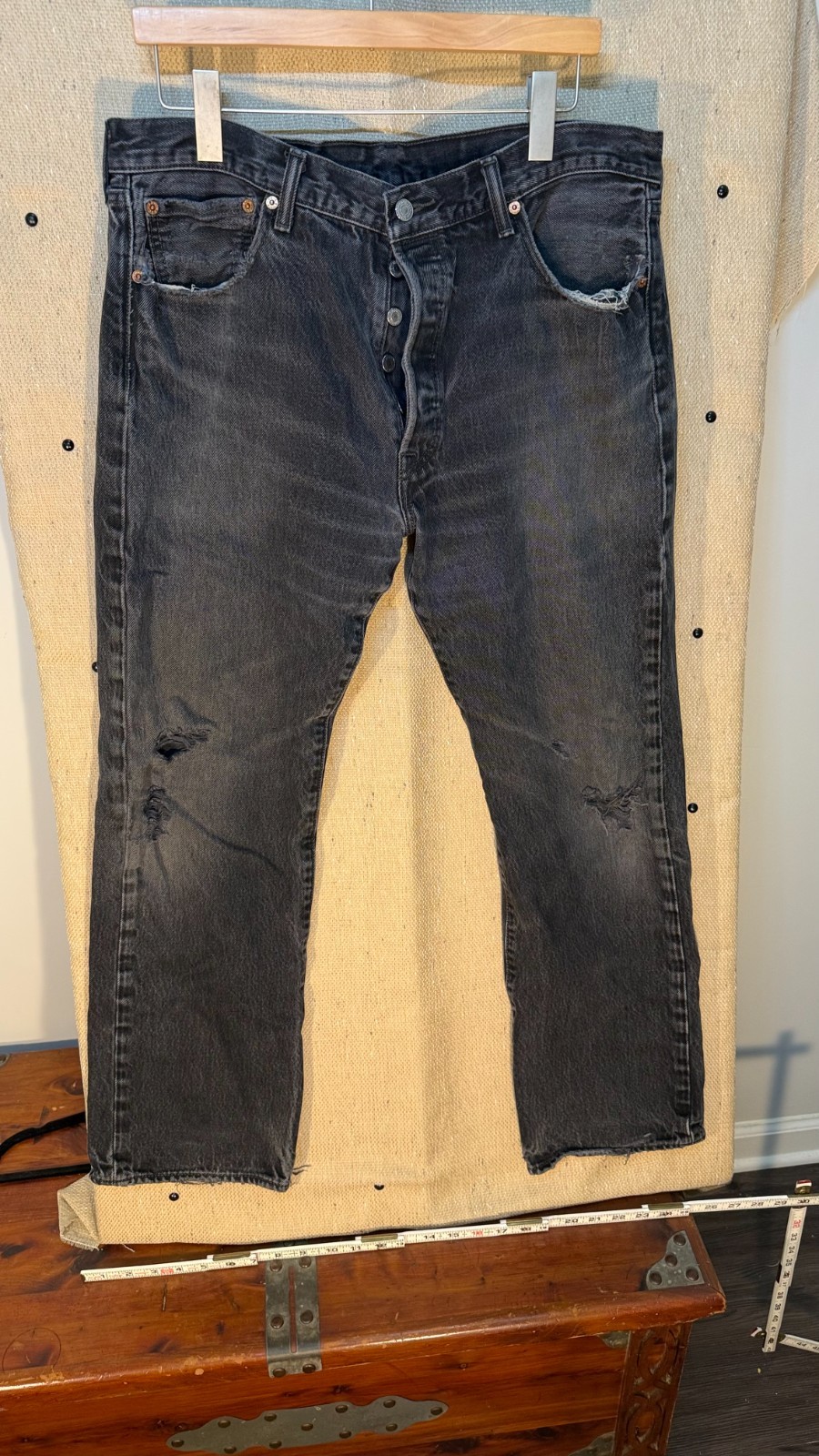 Levi’s 501 Black Distressed Jeans Button Fly Faded Denim Men’s 36×29