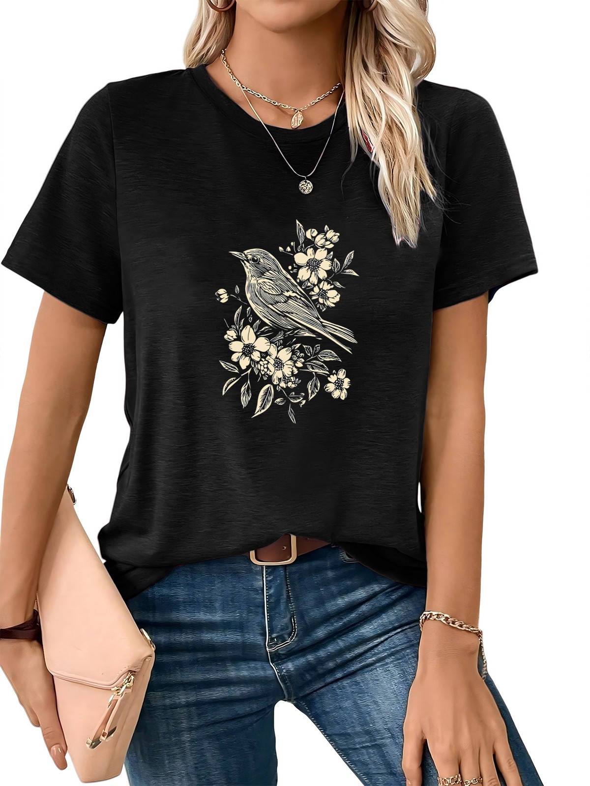 Women Casual Crew neck Short Sleeve T-Shirt Summer Flower and bird print