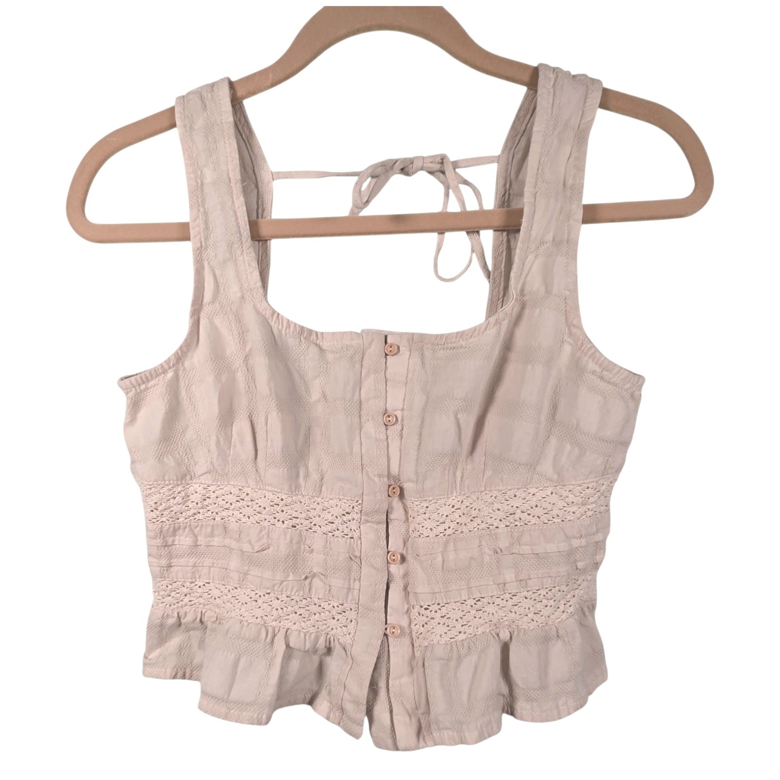Kirious Crop Top Sz M Ruffled Ruched Crochet Tie Back Cottagecore Boho Beige