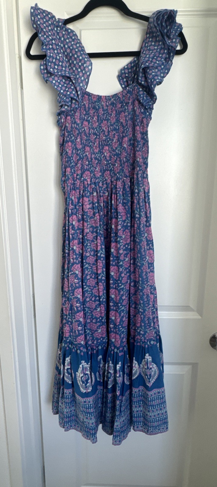Mille Resort & Travel Floral Blue Midi Olympia Dress Fluttery Sleeves Small $268