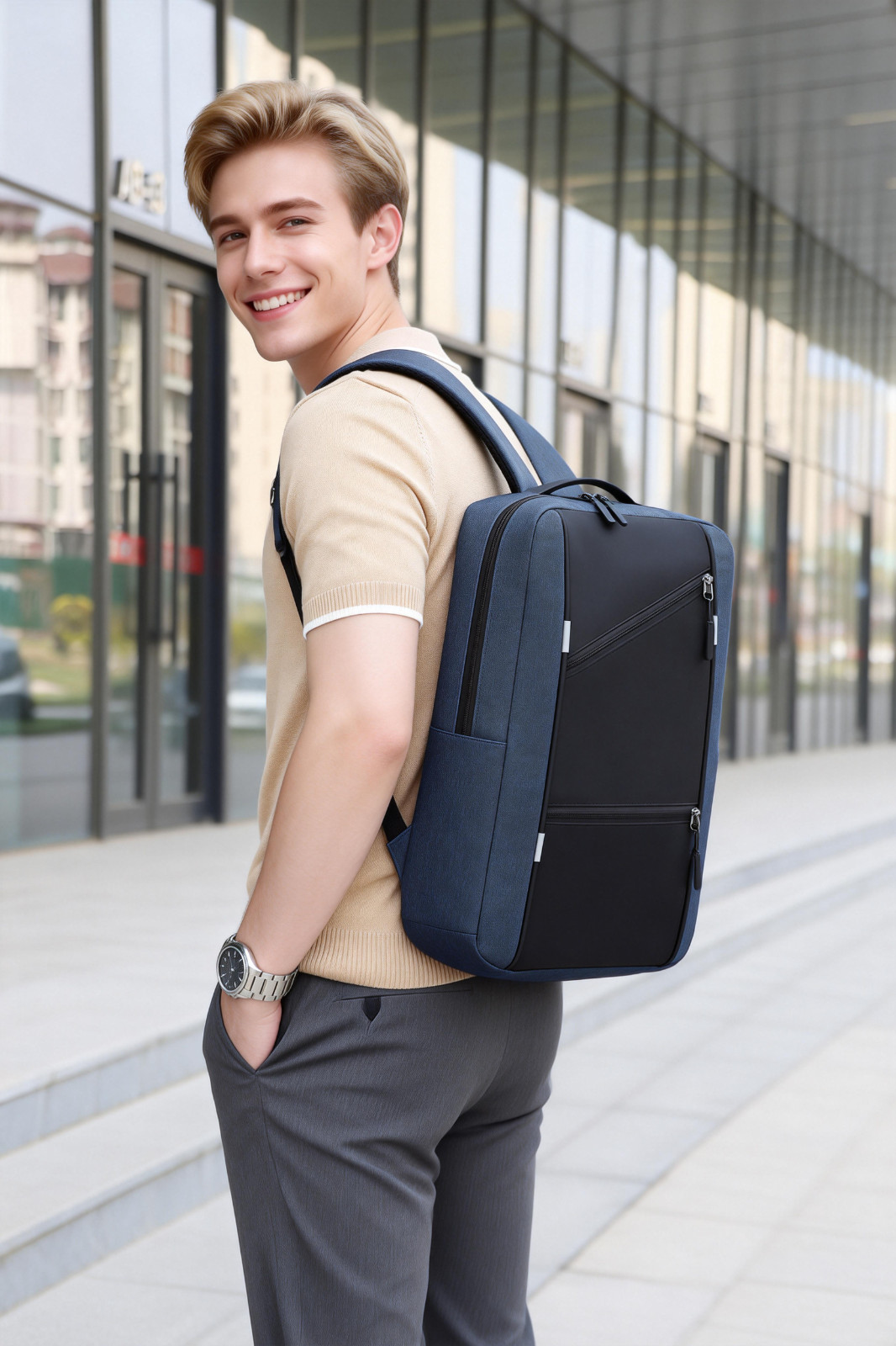 Blue Business Laptop Waterproof Backpack Set Travel College School Bag