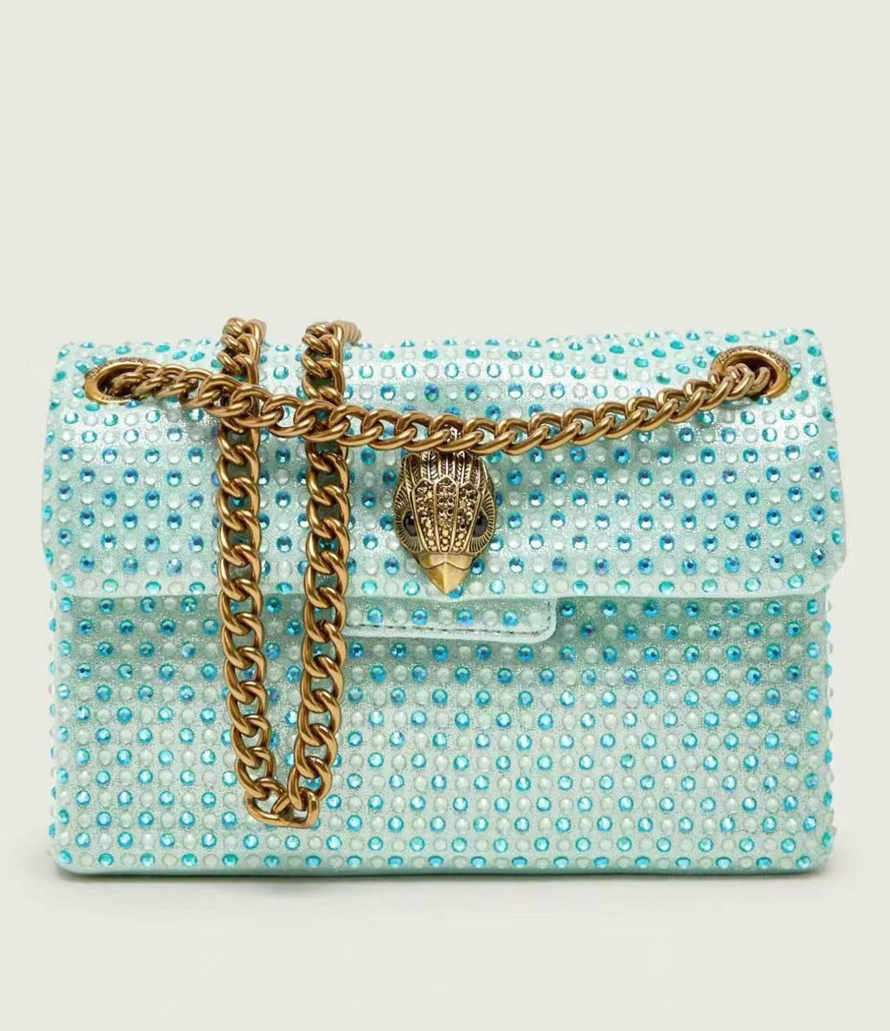 Kurt Geiger London Aqua Blue Iridescent Crystal Crossbody Gold Chain 20×8×15 cm
