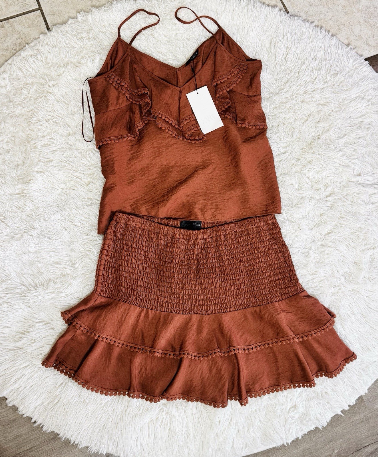 Zara Rust Terracotta Coords Ruffle Cami & Smocked Mini Skort Top XL & Skirt L