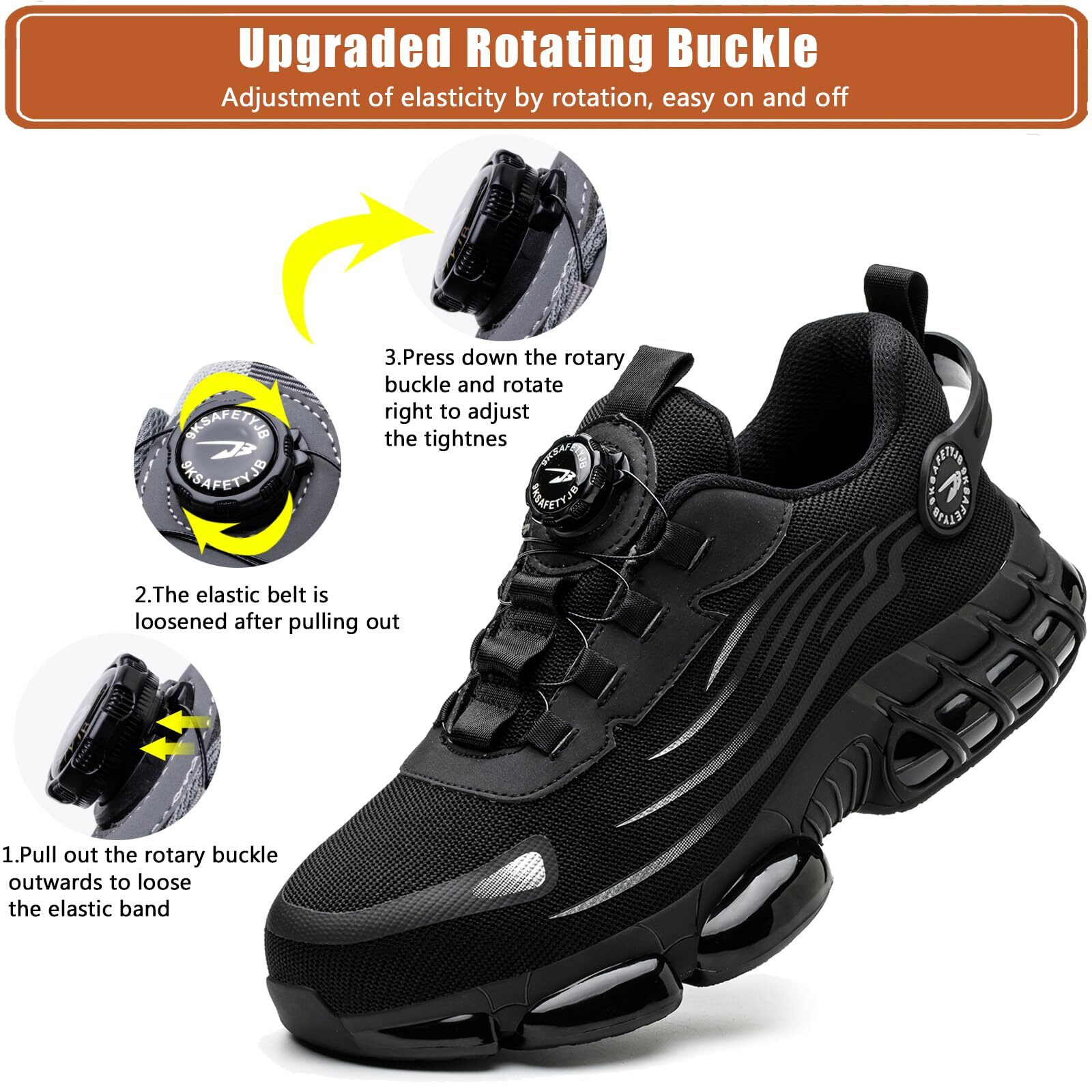 Men Safety Toe Work Shoes Rotating Buckle Breathable Non-Slip Steel Toe Sneakers