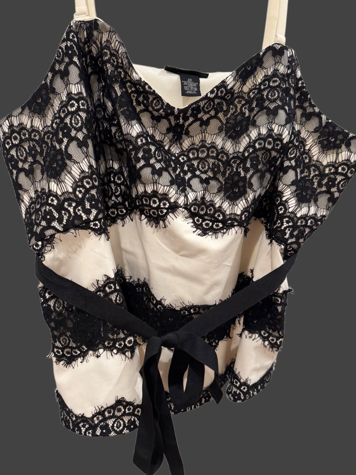 Ivory with black lace top – adj/removable straps tie waist side zip size 28