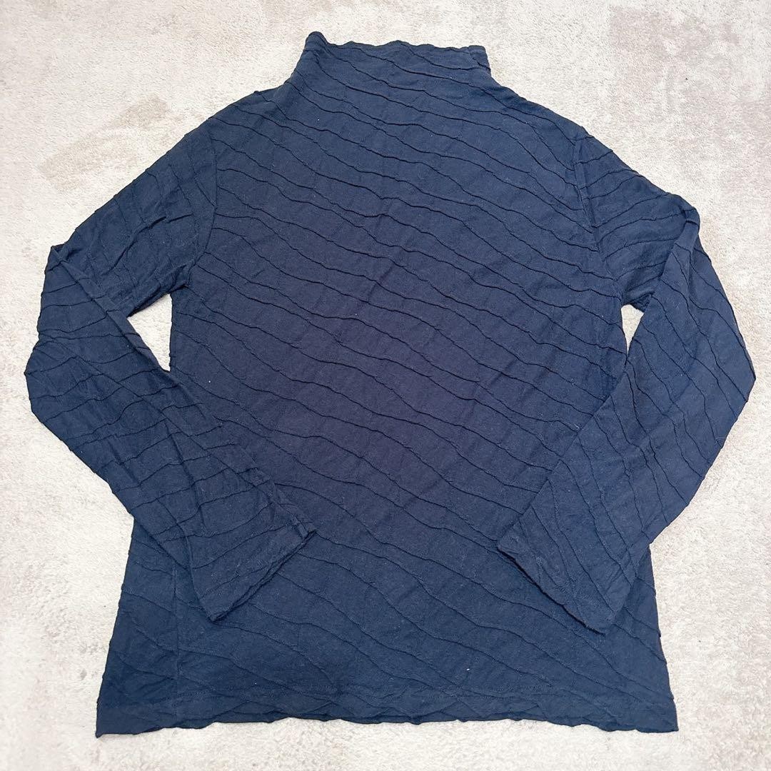 ISSEY MIYAKE Plantation High Neck Long Sleeve Top Black Navy Blue Womens Size M
