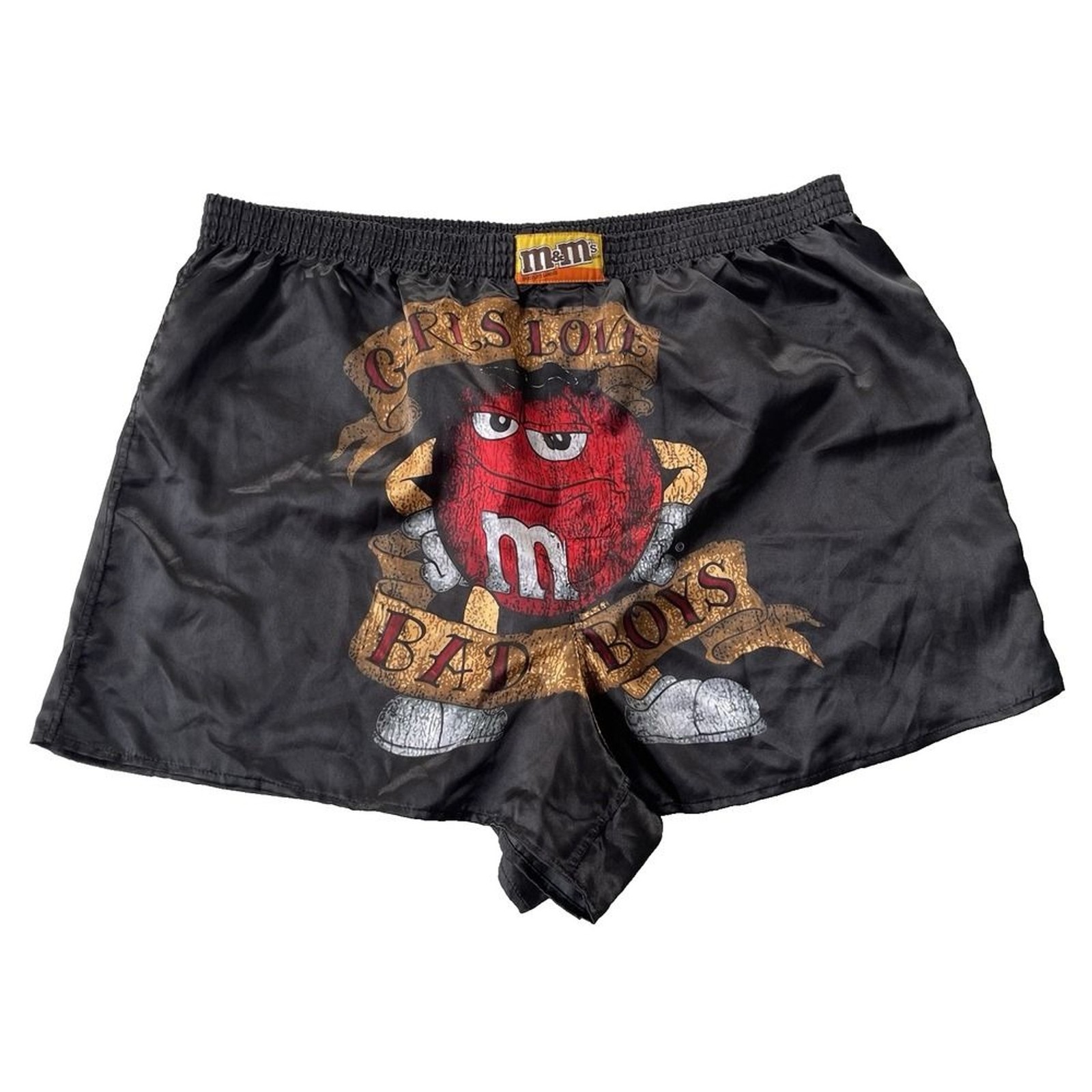 Vintage M&M’s Boxer Shorts XXL 44-46 Black Satin Candy Print Lounge Sleepwear