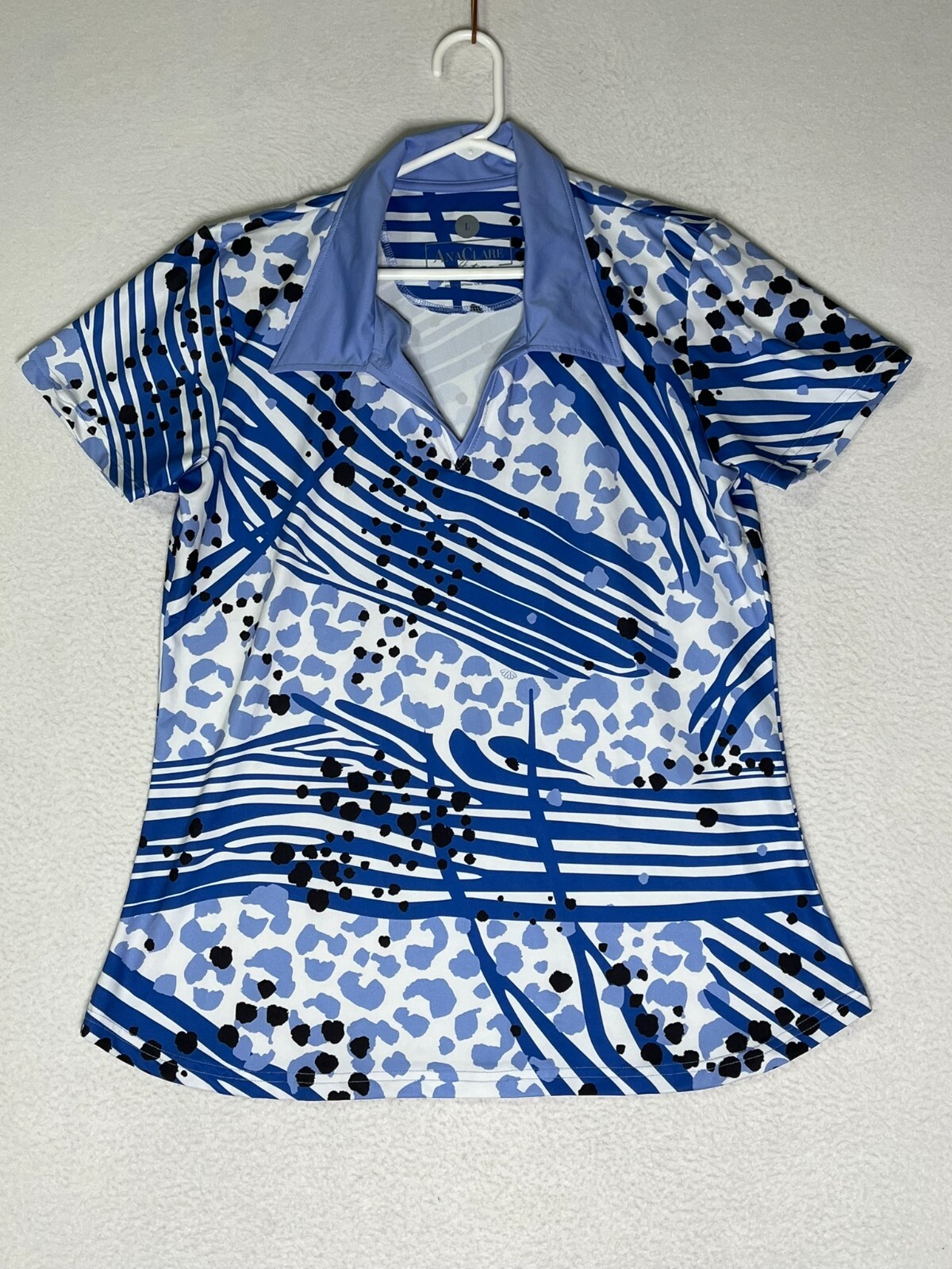 Ana Clare Active Blue White Black Animal Print Polo Top Women’s Size Large