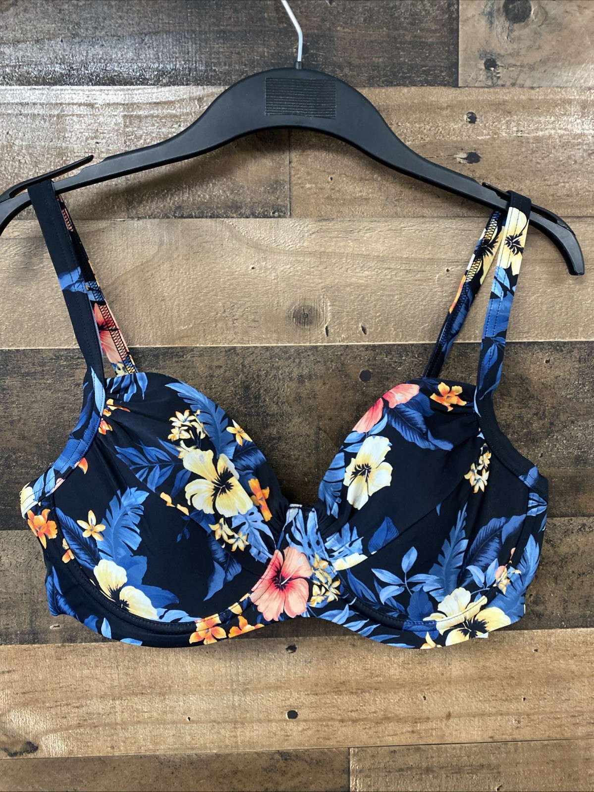 Lands’ End Women’s Retro Underwire Bikini Top – Black Floral SPF-50 Size 10
