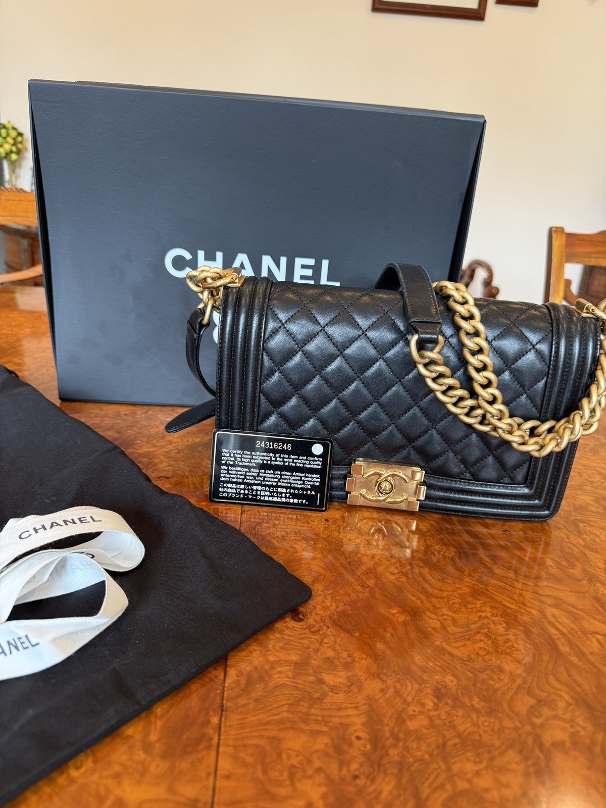 Authentic CHANEL Boy Bag Gold HW Medium Black Calfskin. Auth Card.