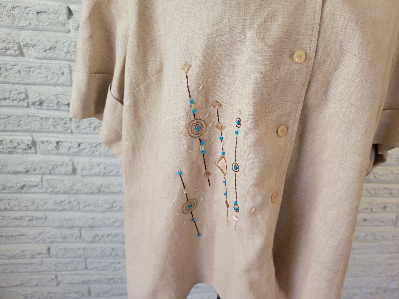 Requirements Petite 2XWP Shirt Blouse Beaded Embroidered Linen Rayon Roll Tab