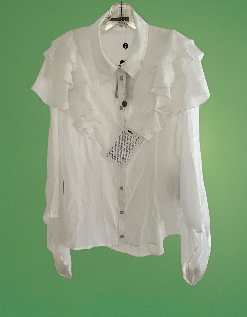 NWT Italy HIGH Tech/Use by Claire Campbell Ruffle Blouse Top White Sheer US 12