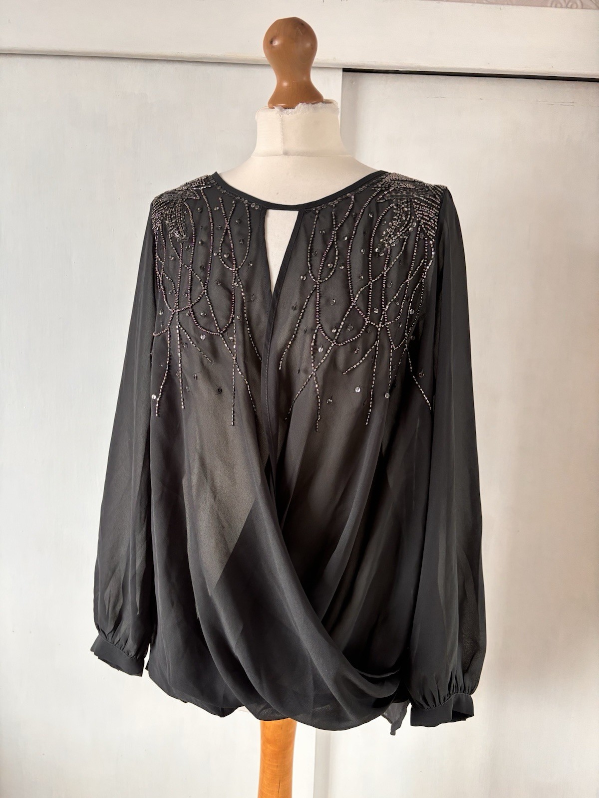 Twiggy Marks & Spencer Blouse Top 14 Black Beaded Sequin Wrap Evening Party