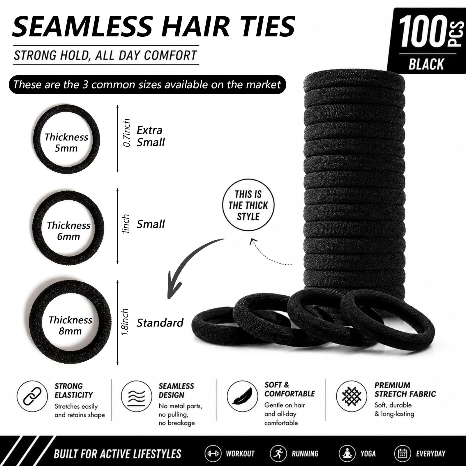 100PCS Black Seamless Elastic Hair Ties No Damage for Women Girls