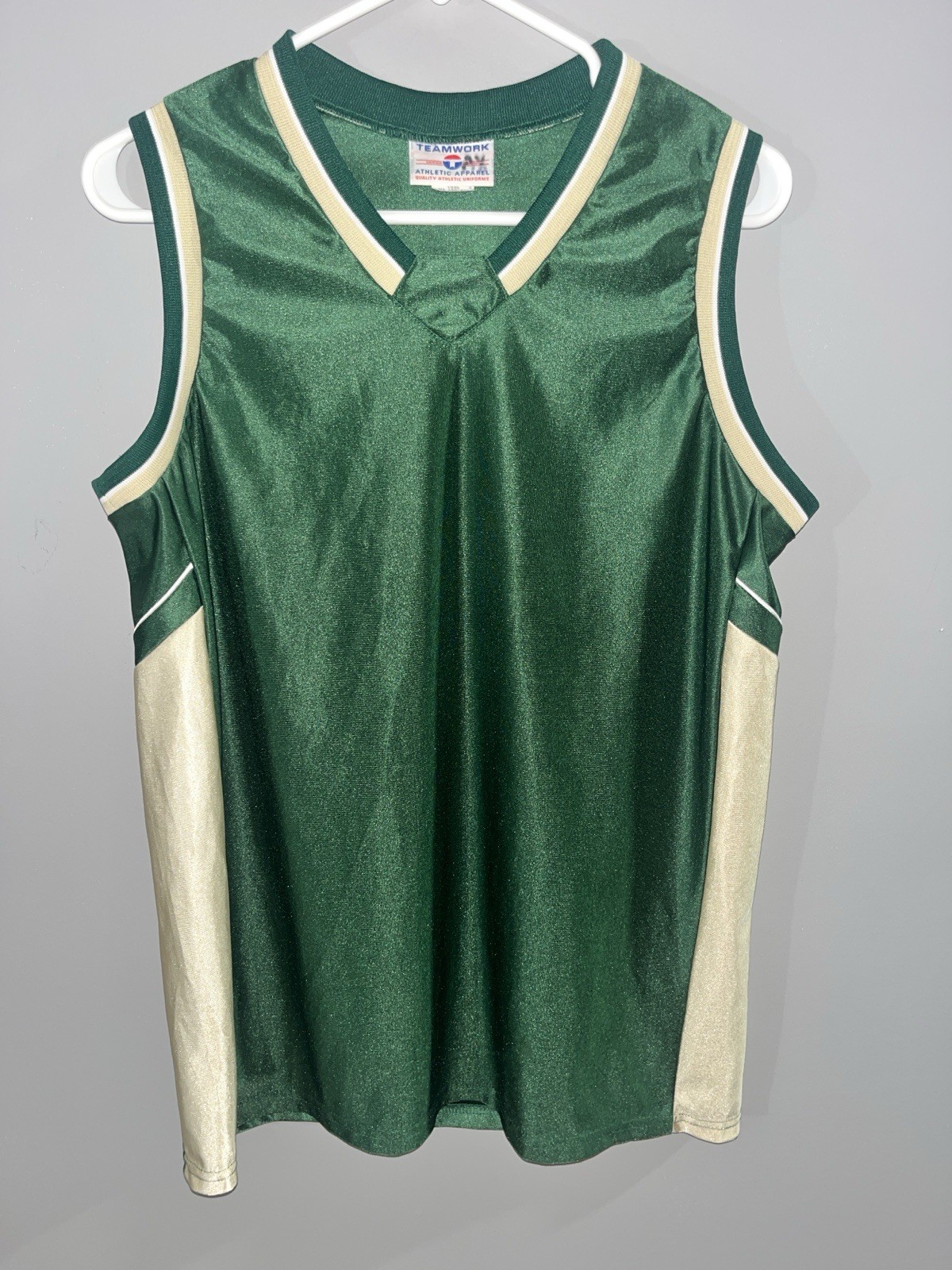 VTG Teamwork Athletic Green & Gold Silky Shiny Basketball Jersey Men XL USA Made