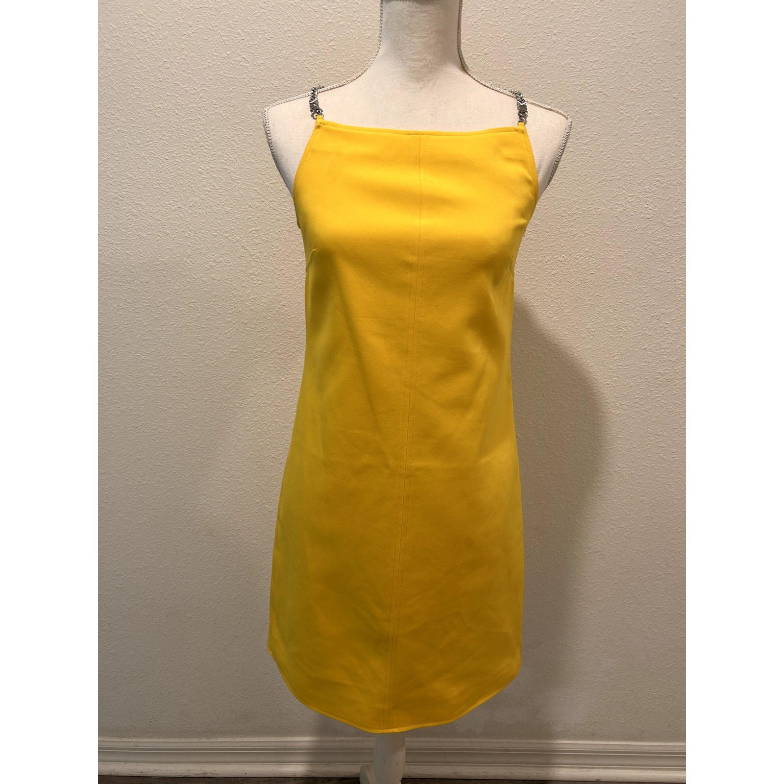 Michael Kors Womens Chain Strap Yellow Dress Size 0 Straight Neck Zipper New B22