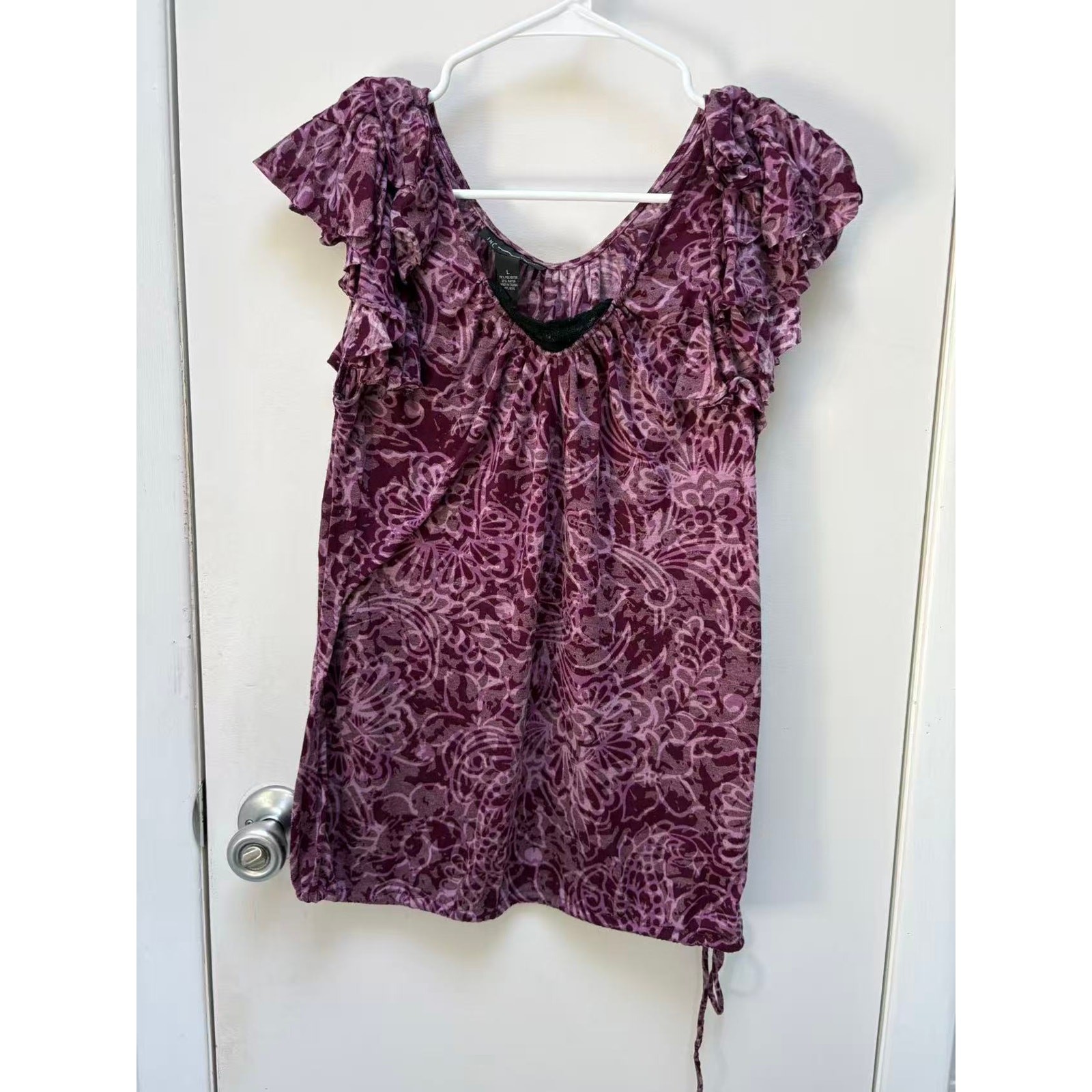 INC International Concepts Y2K Purple Paisley Floral Blouse Ruffle Cap Sleeve L