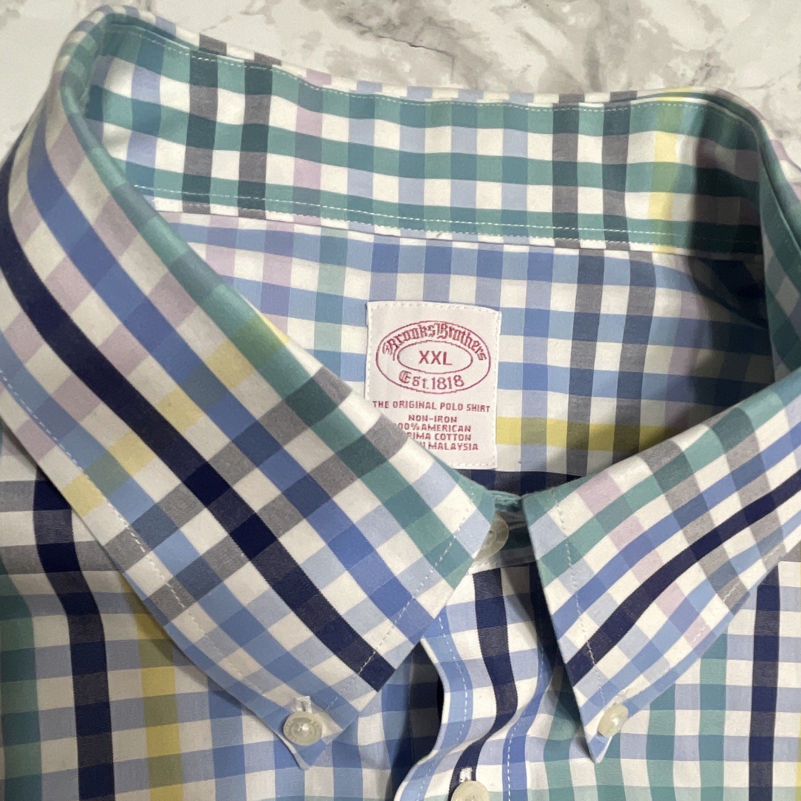 Brooks Brothers 1818 Supima Cotton Men’s XXL Blue/Green/Yellow Plaid NonIron🌵🪸