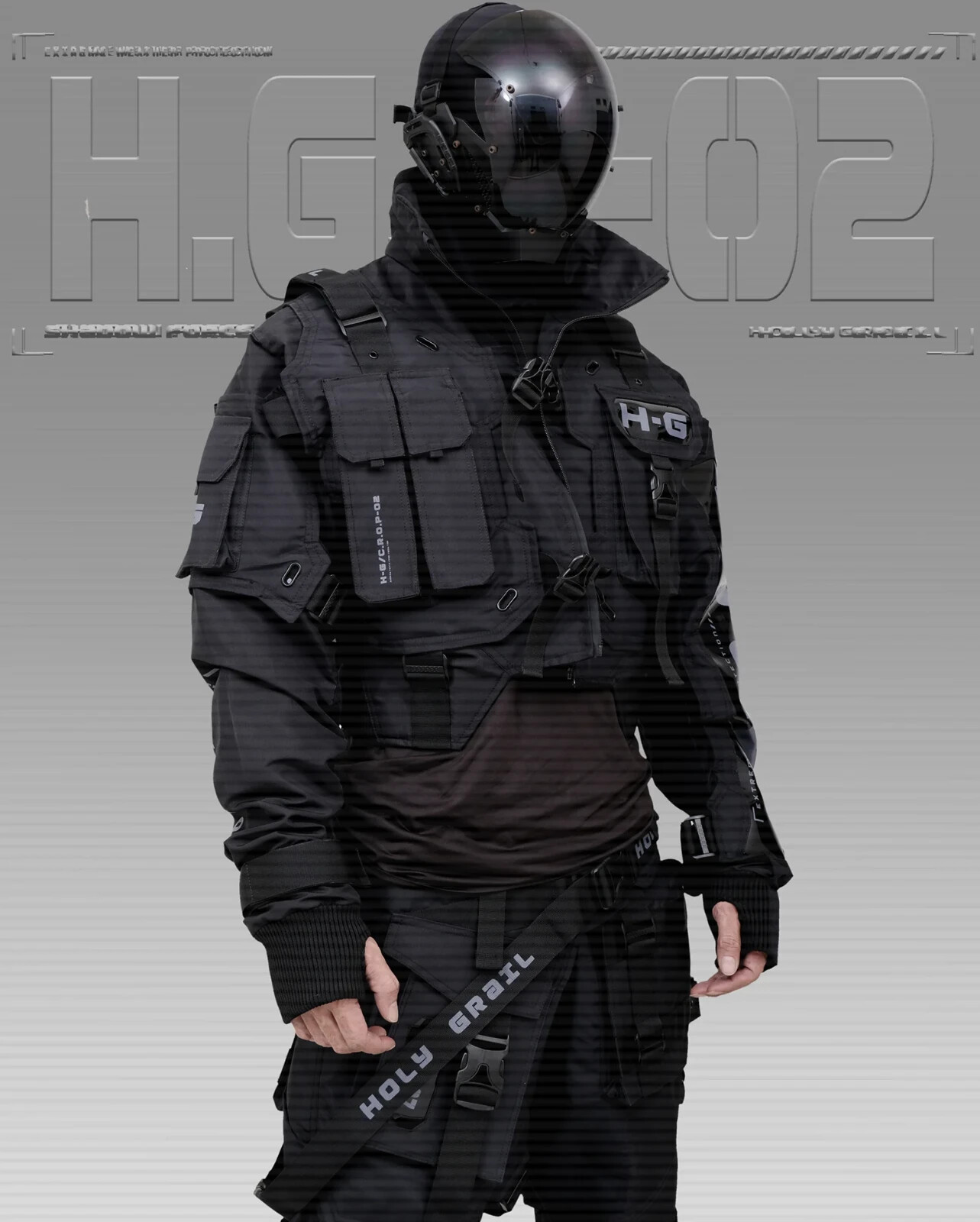 Men’s Techwear Black Jacket Hoodie Full Zip Buckle Holygrail H.G.C-02/BLK