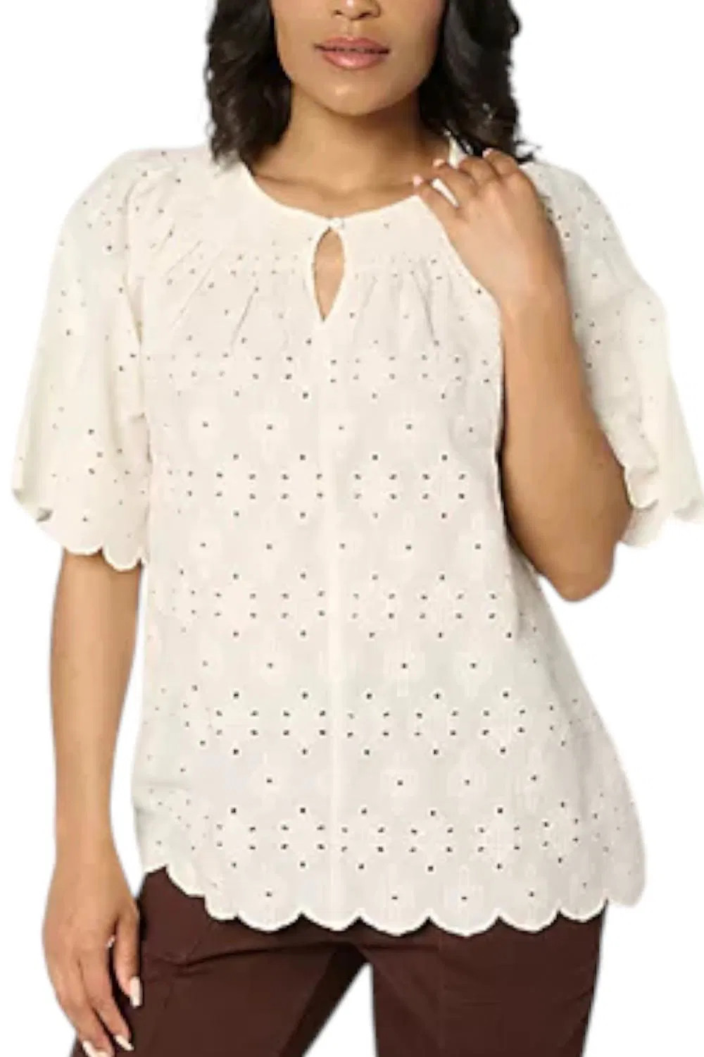 LOGO Lavish by Lori Goldstein Women’s Eyelet Top Ivory Lace