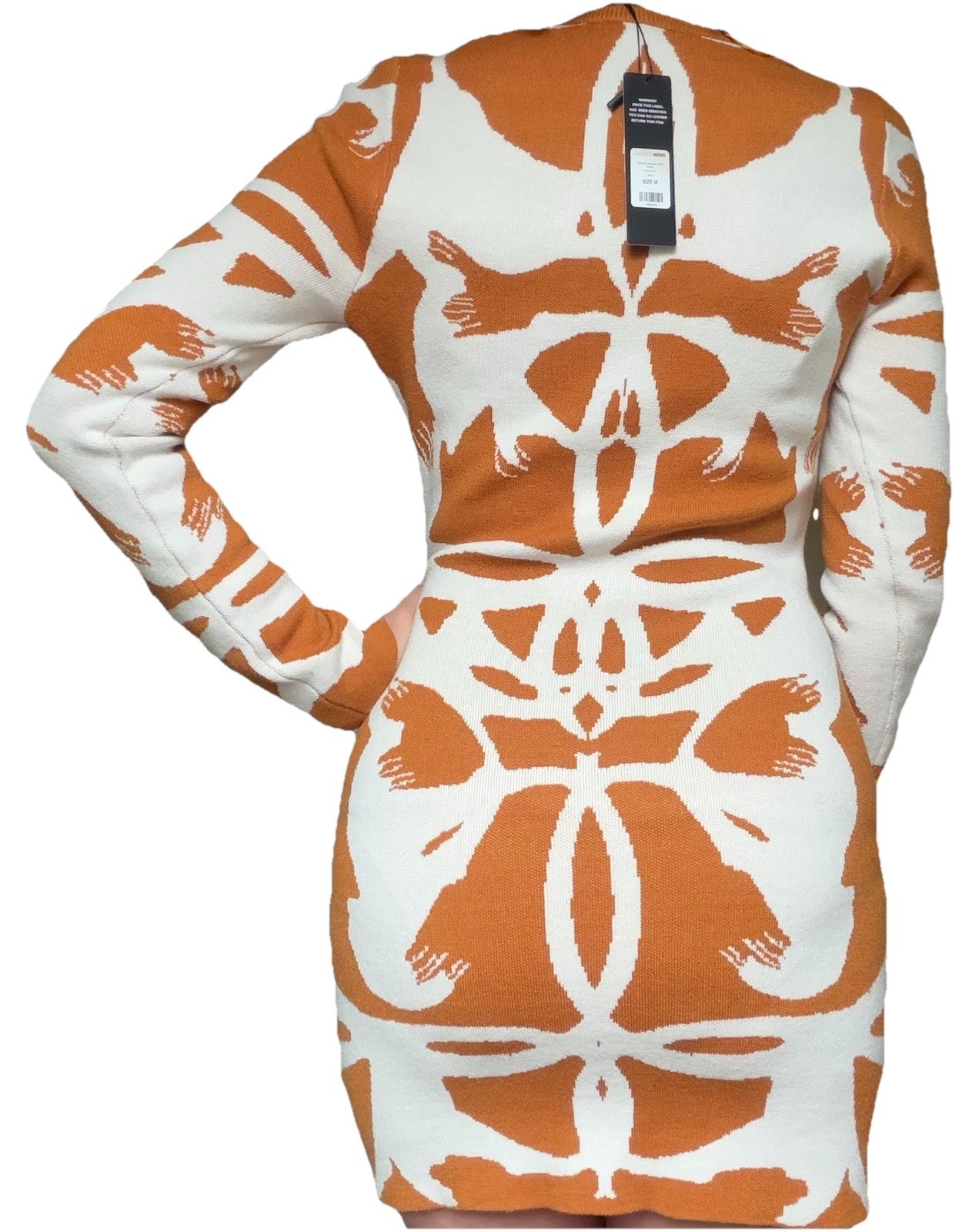 Fashion Nova Klarissa Rust White Floral Ribbed Knit V-Neck Sweater Dress M