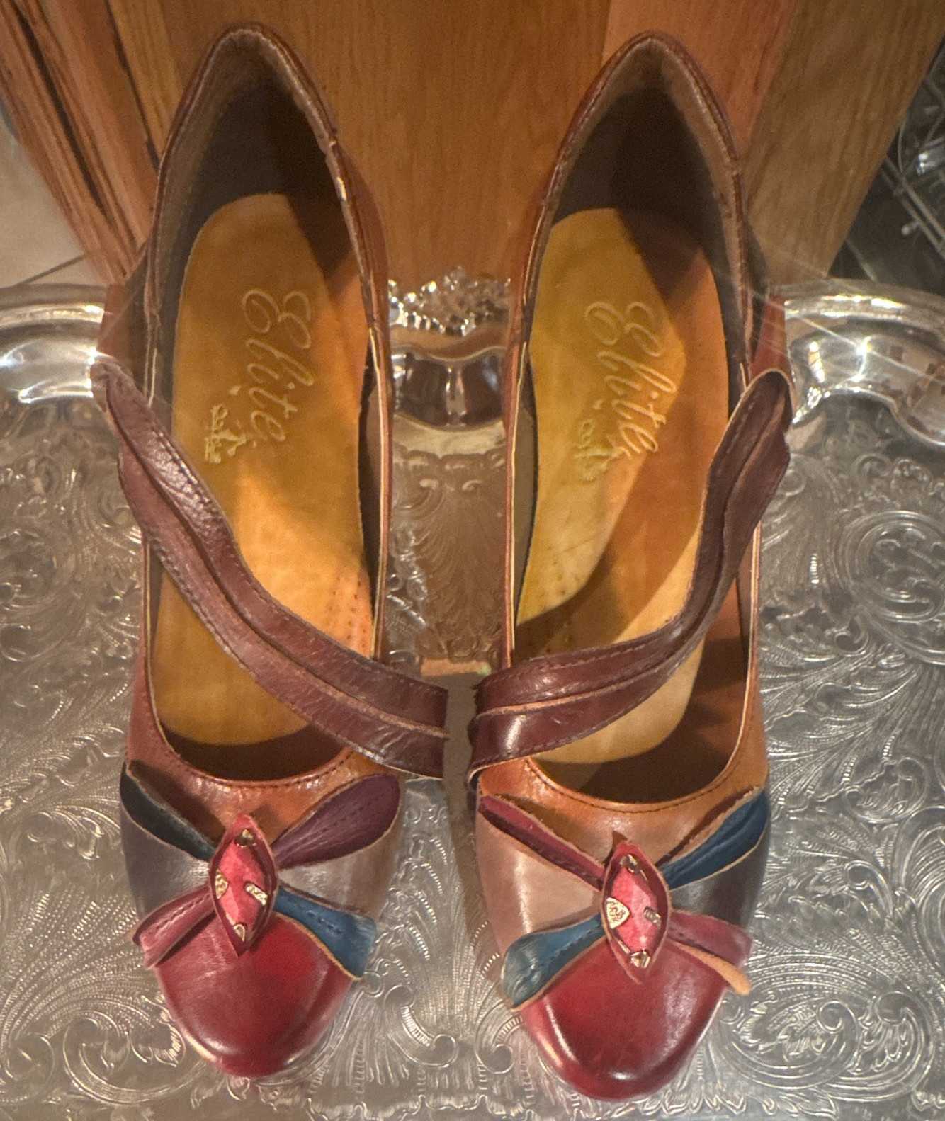 Elite By Conxys Multicolor Authentic Leather Block Heel Almond Toe US 8