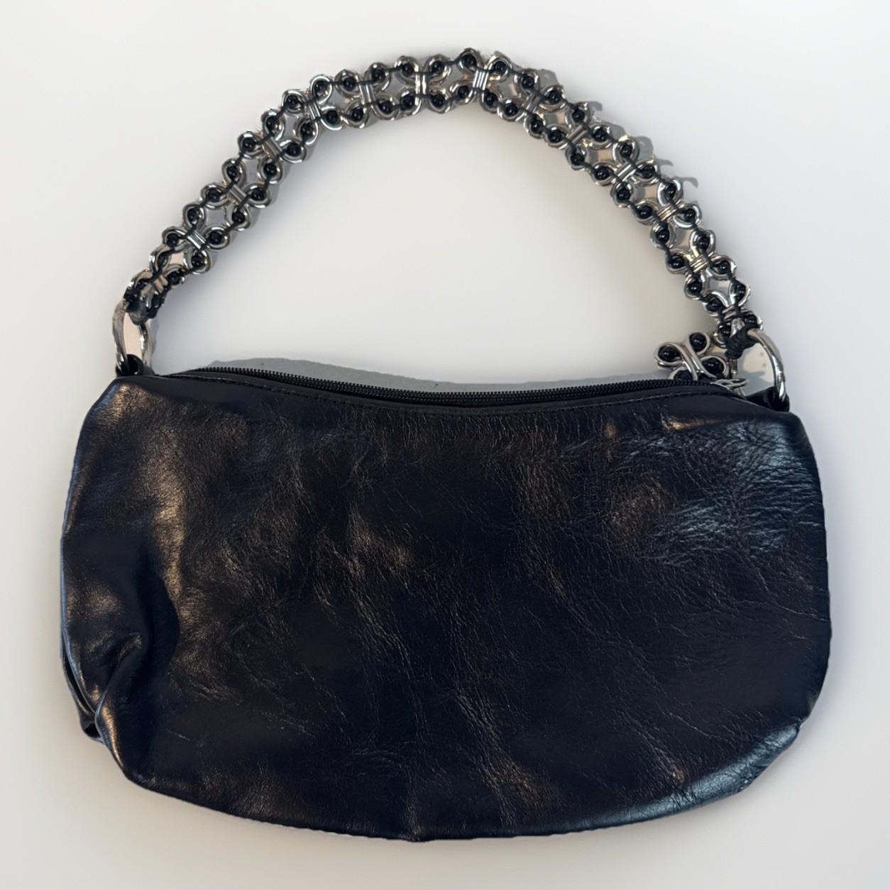 Elliott Lucca Black Leather Hobo Handbag Silver Tone Chain Strap Zipper