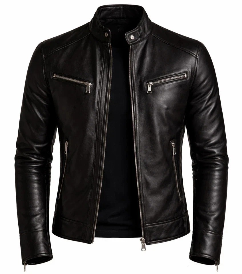 Men’s Black Genuine Leather Jacket Biker Slim Fit Motorcycle Cafe Racer Zip Coat