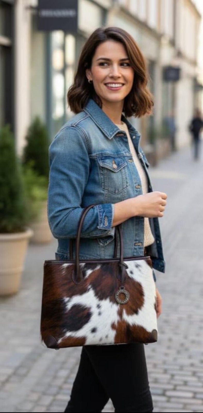Handmade Genuine Cowhide Leather Tote Bag – Brown & White Hair On Leather Should