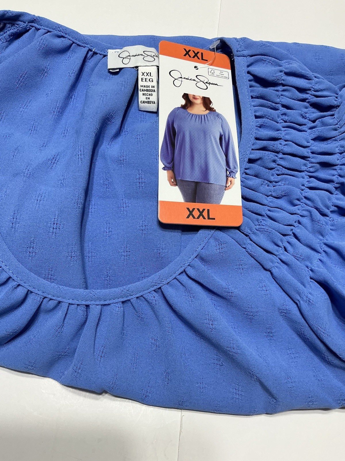 Jessica Simpson Blue Ruched Long Sleeve Round Neck Blouse Women’s XXL