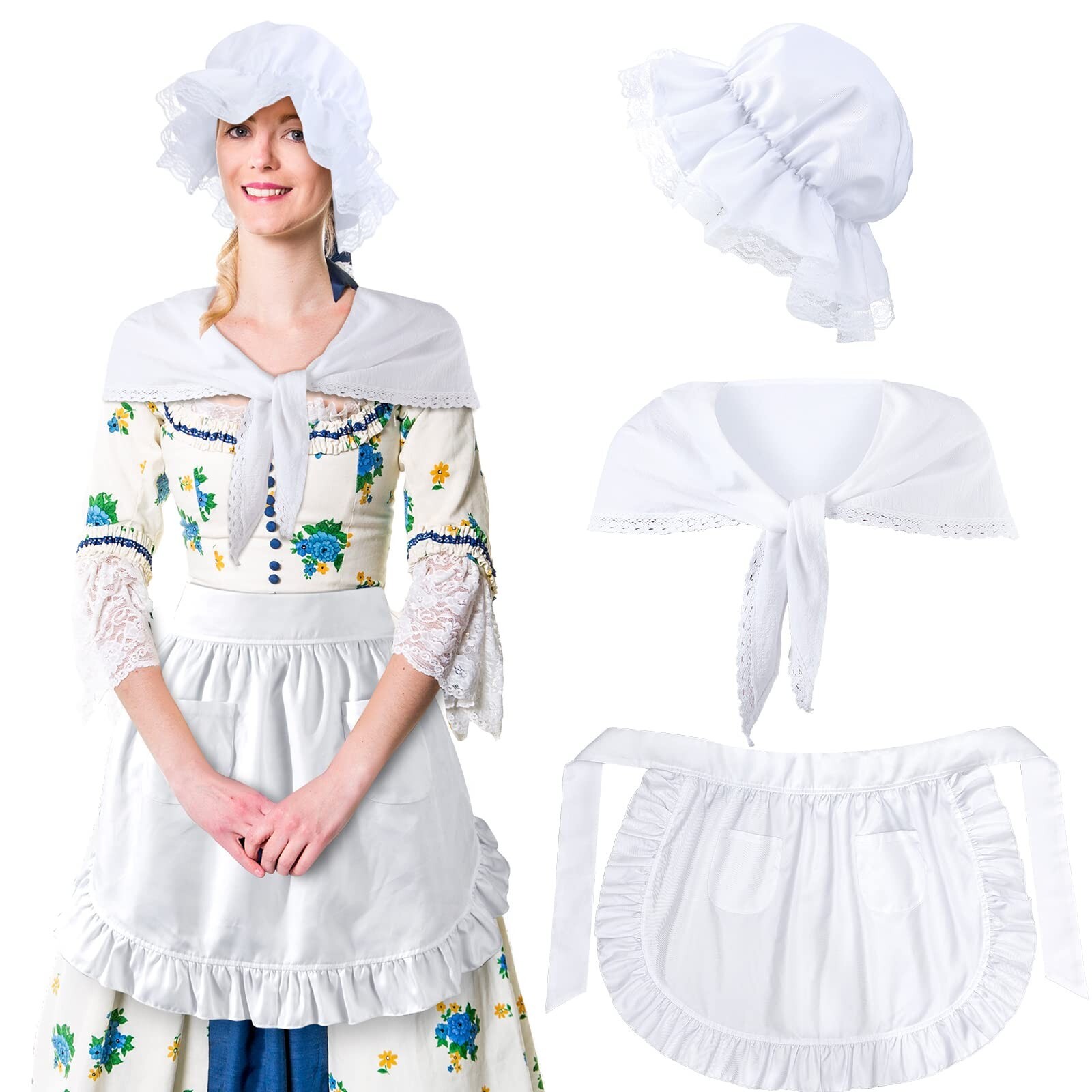 Hercicy Colonial Costume Set White Mob Cap Bonnet Shawl Waist Apron Pilgrim C…
